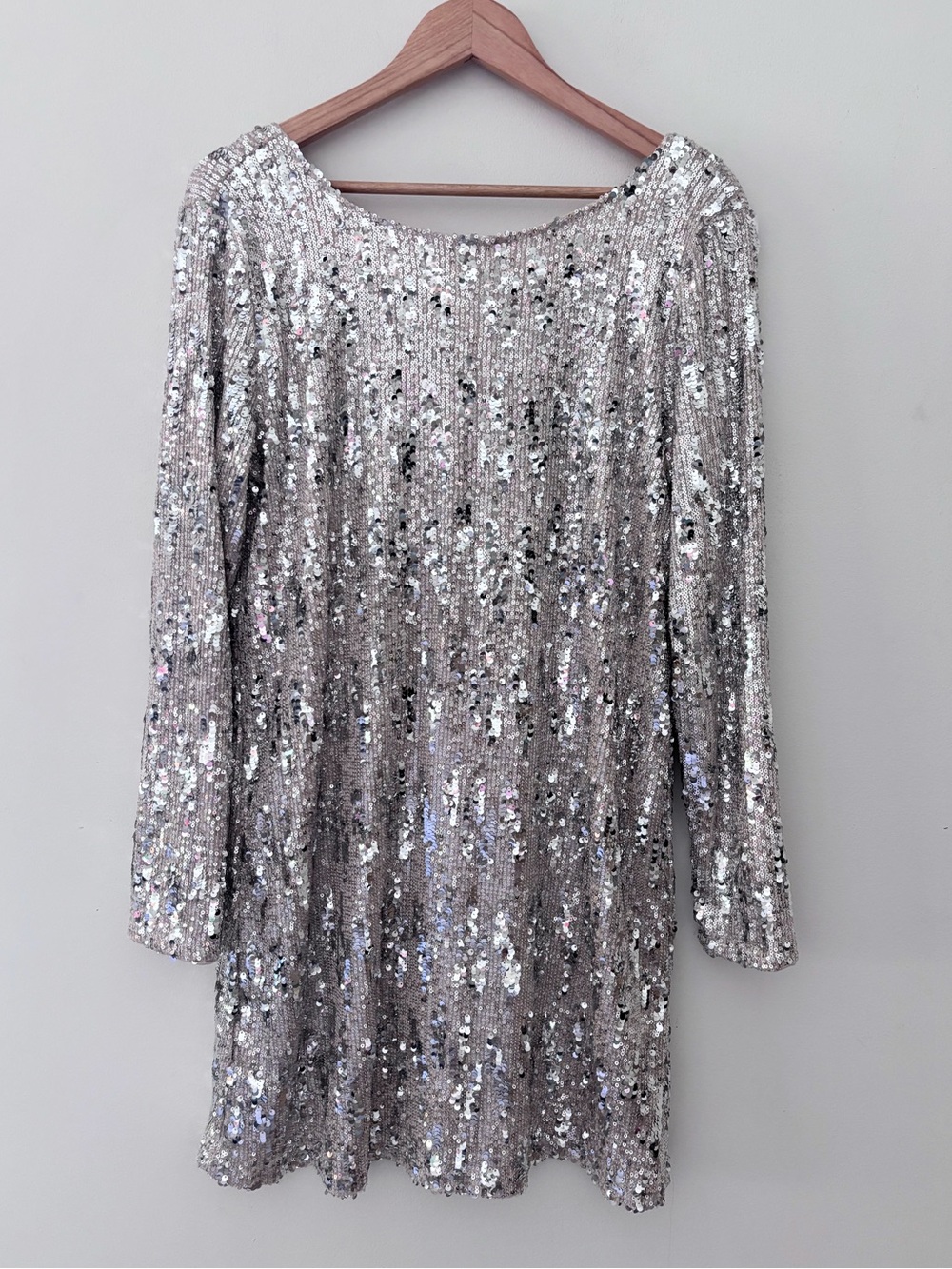 NWT Cable & Gauge silver sequin long sleeve mini dress bow tie scoop large NY
